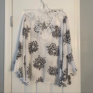 Jodifl white and black floral print lace neck top